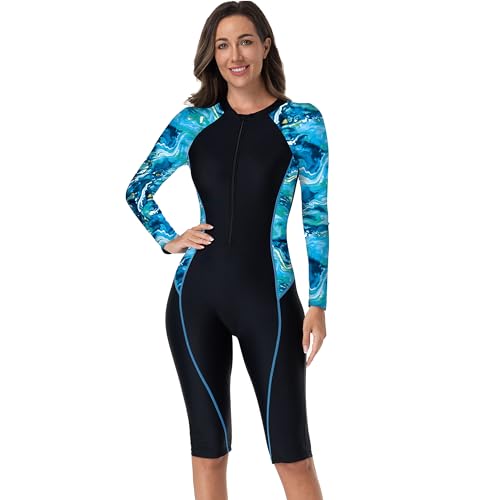 Beachkini Damen Langarm Sport Einteiliger Badeanzug, Sonnencreme Surfanzug, Reißverschluss Neoprenanzug, Erde Blau,L