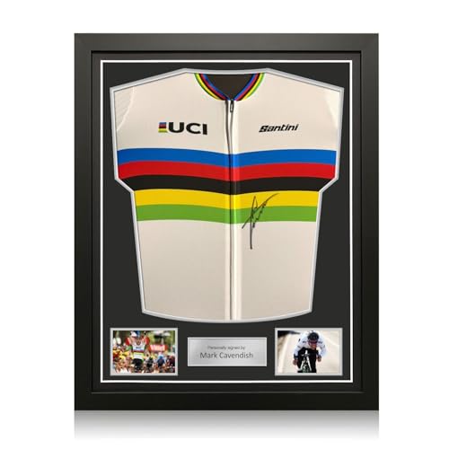Camiseta arcoíris Mark Cavendish autografiada maillot ciclista cuadro