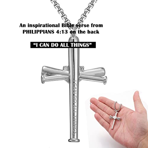 RWQIAN Cross Number Necklace for men - Sport Stainless Steel Cross Silver Chain for Men/Women, Baseball Bat Cross Pendant Chain Baseball Fans Jewelry Gift3
