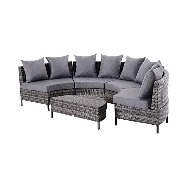 Outsunny Rattan Garden Furniture 4 Seaters Half-round Patio Outdoor Sofa & Table Set Wicker Weave Conservatory Cushioned Seat with Pillow - Grey