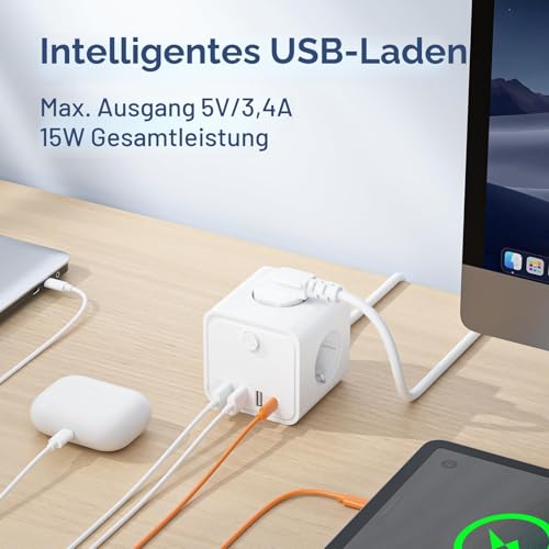 Steckdosenleiste, 7 in 1 Steckdosen mit USB, 3 Steckdosen, mit Schalter, 2 m, Steckdosenleiste mit USB, ideal für Wohnzimmer, Büro, Schlafzimmer 3
