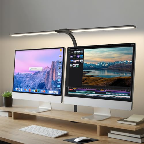 OUTON 33.5″ 24W Bright LED Desk Lamp, Dual Monitor Computer Eye Caring Architect Desk Light with Dimming, 3 Colors, Touch Control, Timer, Memory Function, Clamp, Adjustable Gooseneck for Home Office