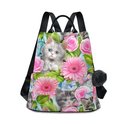 Sac à dos antivol femme imprimé chatons et fleurs avec multi-poches