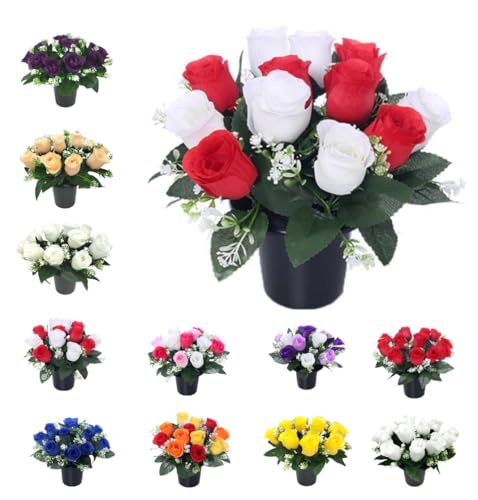Mr. Barry’s Rose Artificial Flowers in Grave Flower Pots – UV-Resistant, Realistic, Long-Lasting Design for Cemetery, Grave Displays, Home & Garden Memorial Arrangements (Red & White)