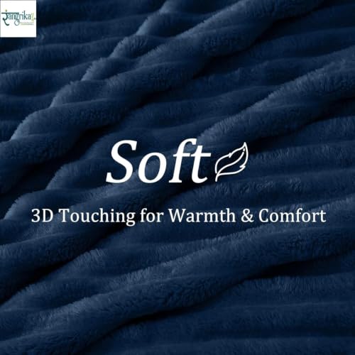 Image of Rangrika.in Ultra Soft Bed Blanket, Premium Flannel Fleece Plush Throw, Ribbed Texture Mink Touch, Lightweight Warm Cozy AC & Mild Winter Use, Machine Washable (Navy, Double)