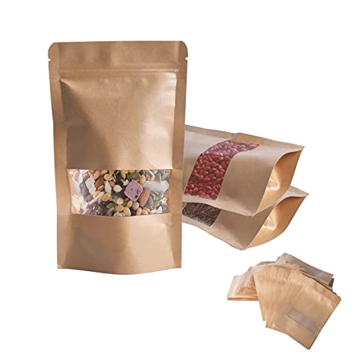 Pinsheng Bolsas de Papel Kraft Con Ventana 100 Piezas - Bolsa Ziplock Para Embalaje Con Cierre - Para Alimentos, Galletas, Té, Caramelos, Granos de Café y Frijoles (Medium)