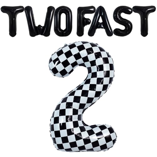 TONIFUL 40 Inch Checkered Number 2 Balloon,Two Fast Letter Banner for Boy's Second Birthday Two Year Old Fast Race Car Flag Party 2nd Racing Car Theme Birthday Party Decoration