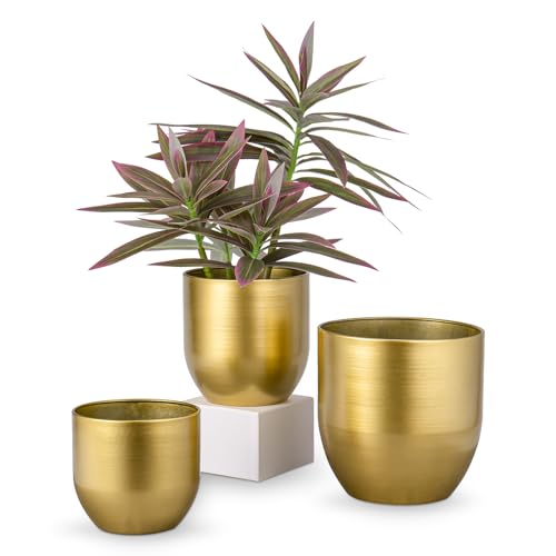Briful Set of 3 Gold Galvanized Buckets Multi-Size Rustic Chic Metal Planters for Home Centerpieces Table Decorations Farmhouse Garden Round Metal Pots for Flowers Plant Herb(4.7/5.3/6.5)