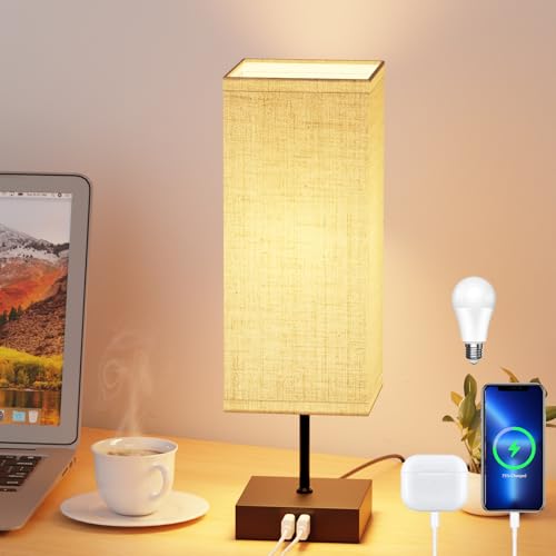 Toipwen Lamparas de Mesita de Noche - Control Táctil, 3 Temperaturas Regulable - 2 Puertos USB de Carga Rápida - 6W E27 Bombillas - para Dormitorio, Salón, Oficina