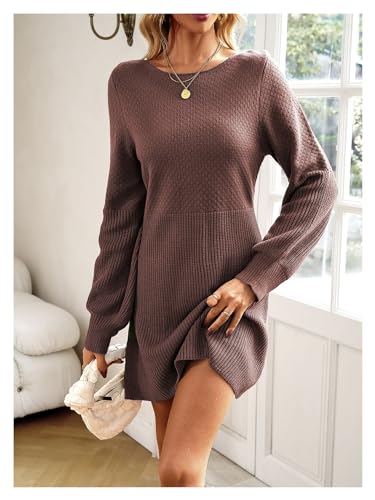 Women's Autumn Winter Lantern Sleeve Round Neck High-Waisted Sweater Dress Solid Color Elegant Knit Mini Skirt Jumper4