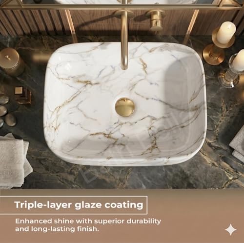 Image of Designer Ceramic Wash Basin For Bathroom | Over Counter Bathroom Basin | Counter Top Bathroom Sink | Wash Basin For Restaurant, Hotel (18 x13 x 5 Inch) (Designer White)