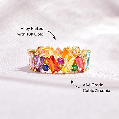 STORYJEWELLERY Colorful Rainbow Ring, Emerald Cut Eternity Band Rings for Women, 18K Gold Plated Cubic Zirconia Rings, Baguette Ring, Gifts for Women, Colorful Jewelry, Rainbow Gifts3