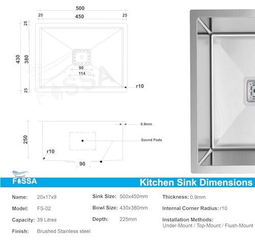 Image of Fossa 20 inchx17 inchx09 inch Premium Stainless Steel Handmade Single Bowl Kitchen Sink | Scratch Resistant, Anti-Stain | Includes Coupling, Waste Pipe & Fruit Basket - Silver (Matte Finish)