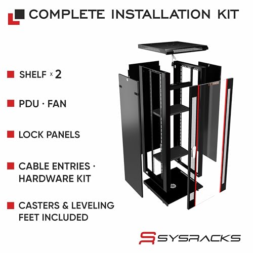 Image of 27U Wall Mount Server Rack Cabinet, 19 Inch Network and AV Enclosure, 24 Inch Deep, Locking Glass Door, Fan, PDU, 2 Shelves, for Home Lab