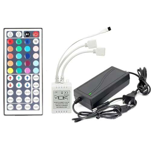GALYGG 44 Key LED Strip Controller, Wireless Rectifier Control Box, IR Remote Controller, DC 12V 5A Power Supply Plug Adapter for 2835 3528 5050 RGB LED Strip Lights(2 Ports)