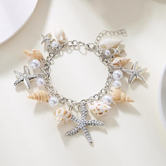 coadipress Shell Starfish Bracelet For Women Boho Conch Bracelets Gold Starfish Rudder Seashell Charm Pendant Link Bracelets Bohemian Hawaiian Summer Beach Bracelets Vacation Holiday Jewelry Gift - Image 5