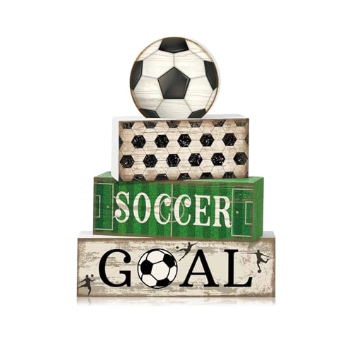 4 Pcs Soccer Table Decor, Wooden Soccer Theme Decoration, Sports Centerpiece, Boys Room Tiered Tray Decor, Decorative Block Signs Gift for Farmhouse Home Kitchen Party Bar Game Watching