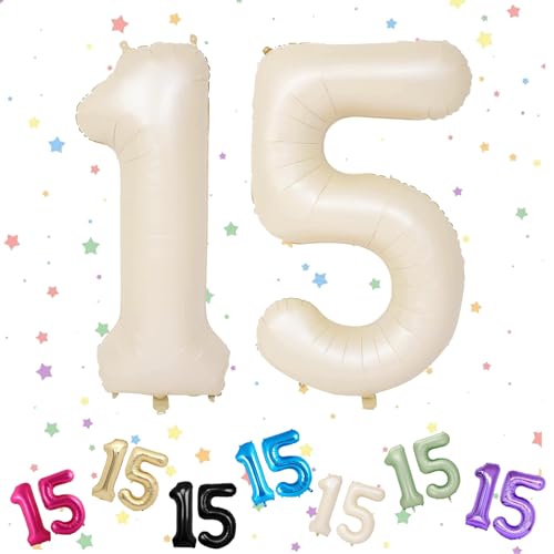 Globos de cumpleaños 15 años Beige, Foil Globo Numero 15, 101CM Globos de Helio Número 15, Crema Globos de Helio Número 15 Para Niños y Niñas Cumpleaños Fiesta Aniversario, Vuelan con Helio