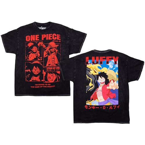 Ripple Junction One Piece Luffy Red Panels Anime Mens Graphic T-Shirt Mineral Wash Black XX-Large