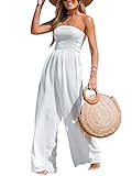 CUPSHE Women Smocked Sheer Cover-Up Tube Jumpsuit Casual Summer Sleeveless Wide Leg Cover Up,L White