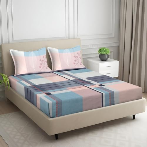 Image of Signature Digital Print Geometric Designs Super King Size Bedsheet - 108 x 108 inches | 100% Cotton-Feel Soft Fabric | Fade-Resistant Colors | 2 Matching Pillow Covers (Pastel Urban Check)