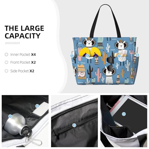 Llama Cactus Desert Plant Print Large Capacity Beach Travel Bag For Family, Beach Tote Bag For Women With Zipper Pockets3