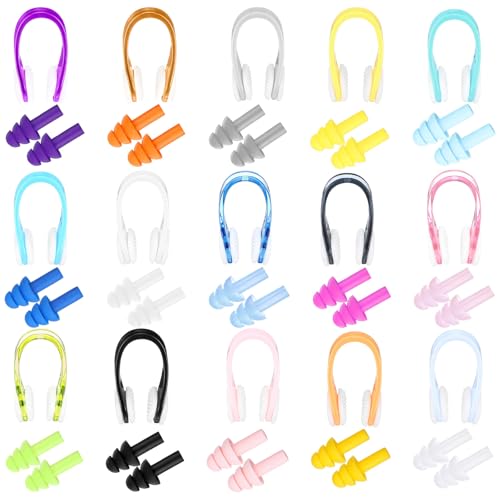 Saysurey 15 Sets Swimming Nose Clips Ear Plugs Silicone Waterproof Swimming Nose Plugs with Earplugs...