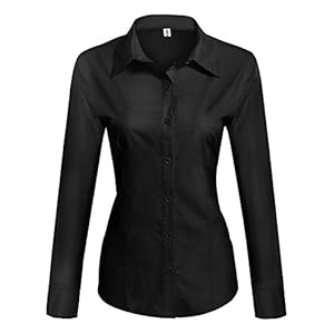 HOTOUCH Women Collared Button Down Long Sleeve Dress Shirt Black Small