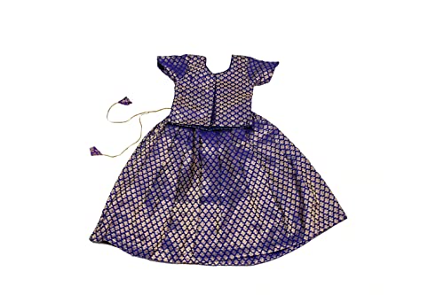 Image of TRADITION INDIA Royal Blue Chanderi Silk Kids Lehenga Choli Set, Short Sleeves Lehenga Choli, Pattu Pavadai, Kids Ethnic Wear