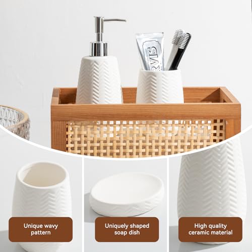 White Bathroom Accessories Set, 3pcs Ceramic Wave Design Farmhouse Decor, Complete countertop Bathroom Decor with soap Dispenser，Toothbrush Holder and soap Dish for Stylish Bathroom Organization by JOLOSK - Image 5