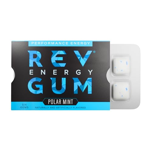 Rev Gum Caffeine Energy Gum | Performance Energy 60mg of Caffeine per Gem | Polar Mint Sugar Free Caffeine Gum - Low Calorie Chews to Help You Stay Alert, Awake and Focused - 12 Packs (72 Count)