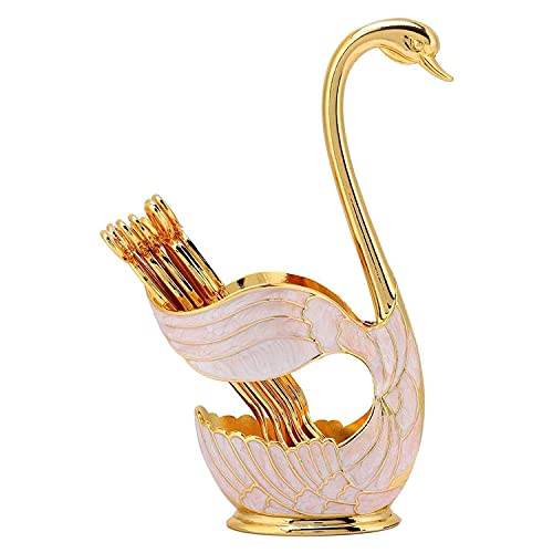 Metal Coffee Dessert Spoon Set, Flatware Swan Base Holder and Fruit Dessert Spoon Organizer for Coffee, Fruit, Dessert, Stirring, Sugar, Ice Cream, Cake, with 6pcs Spoons (Gold)