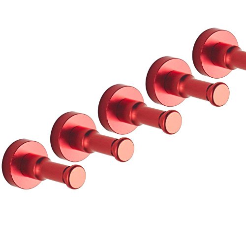 Bettli Single Hook Hat Coat Robe Door Wall Hook Hanger Space Aluminum (Pack of 5) (Red)