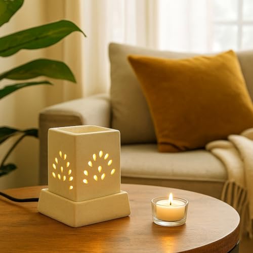 Image of Mkd2 Rise Ceramic Electric Aroma Diffuser Oil Burner I Aroma Burner Oil Diffuser Lamp for Home Fragrance, Square (Small, Brown Dotted)