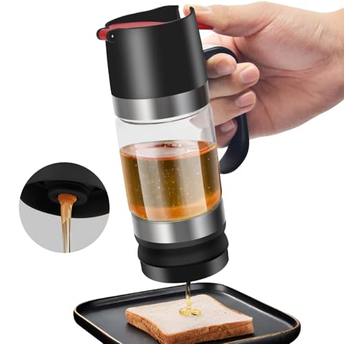 Glass Honey Dispenser Pot 350ml No Drip Honey Jar with Handle Clear Glass Maple Syrup Pot with Freshness Lock for Bread Coffee or Tea (black)