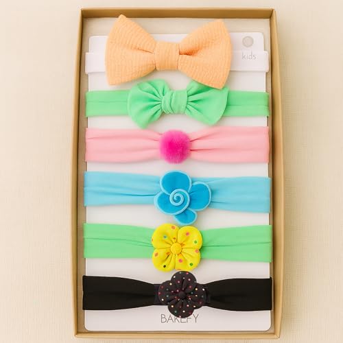 Image of BAKEFY -6 Style Combo Super Soft Stretchy Baby Girl Wide Headbands with Flower Headwraps Hair Bows Bands Accessories for Baby Girls Newborns Infants Toddlers