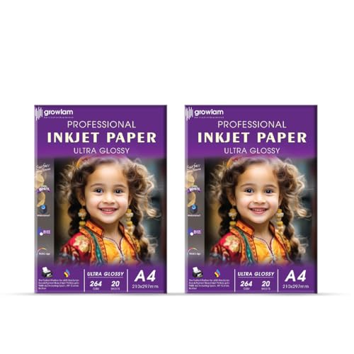 Image of Growlam Ultra Glossy Photo Paper 264 GSM A4 Size, 20 Sheets (Pack of 2) | Waterproof Technology, Instant Drying, Superior Colour Accuracy, Outstanding Ink Absorption, Resin-Coated for Long Durability