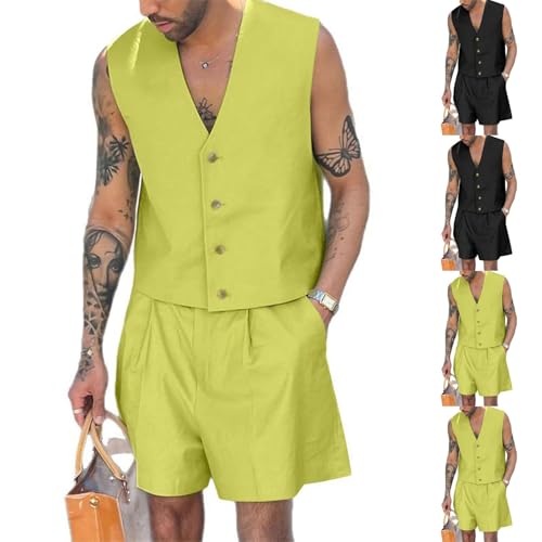 Cambkatl Mens 2 Piece Blazer Outfits - Sleeveless Loose Button Down V Neck Tank Top Matching Shorts Vacation Business Suits2
