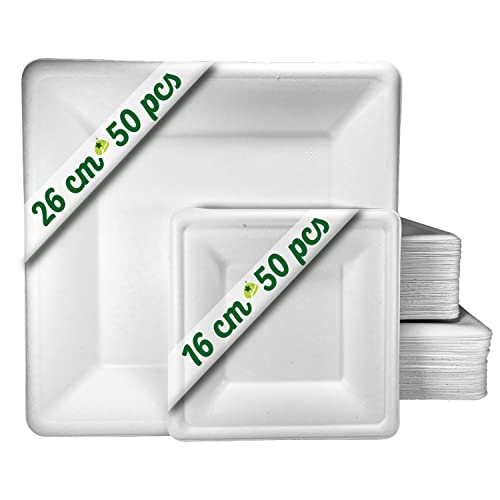 100 assiettes jetables carrées en forme de canne à sucre. 50 plaques de 26 cm et 50 plaques de 16 cm. Assiettes jetables extra solides, pour le camping, les pique-niques, les fêtes, les barbecues.