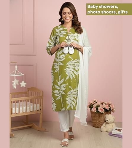 Image of DUMMY SHAPE Maternity Dresses for Women Cotton | Floral Kurta Pant Dupatta Set with Nursing Zippers, Side Pocket | Pre & Post Pregnancy | Feeding Kurti Suit | Baby Shower | Gifts for Pregnant Woman