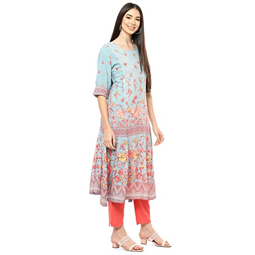 Image of Rangriti Blue Viscose Rayon A Line Dress for Women
