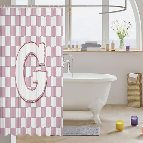 Image of Erosebridal Pink Initial G Bathroom Accessories Kawaii Plaid Checkered Shower Curtain Cute Personalized Monogram Bathroom Curtain for Kids Girls 72 inch Wx72 L Fashion Grids Gingham Shower Decor