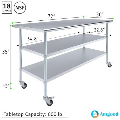 Image of AmGood Stainless Steel Work Table with 2 Shelves and Casters | Metal Utility Table On Wheels (Stainless Steel Work Table with 2 Shelves + Casters, 72 inch Long x 30 inch Deep)
