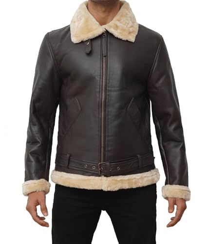 Image of fjackets Shearling Leather Coat Men - Real Lambskin Leather Jackets Mens Sherpa Lined Winter Casual Fur Coats Outerwear