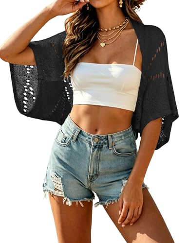 Image of BB&KK Womens Crochet Shrug Summer Cardigans Hollow-Out Batwing Sleeve Lightweight Open Front Bolero Sweaters
