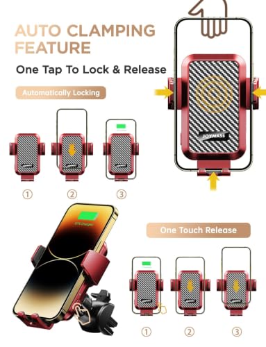 Image of JOYMASS Wireless Car Charger, 15W Fast Charging Auto Clamping Car Charger Cell Phone Holder Mount Vent for iPhone 15 14 13 12 Mini Pro Max 11 XR, Samsung Galaxy S23 Ultra S22 S21+ Note 20, etc - Red