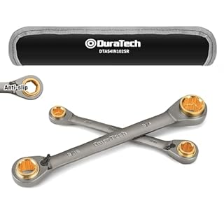 DURATECH Anti-slip 4-in-1 Reversible Ratcheting Box Wrench Set, Double Box End, SAE, 2-Piece, 5/16, 3/8, 7/16, 1/2 & 9/16, 5/8, 11/16, 3/4-Inch, CR-V Steel, Nickel Plated, with Rolling Pouch