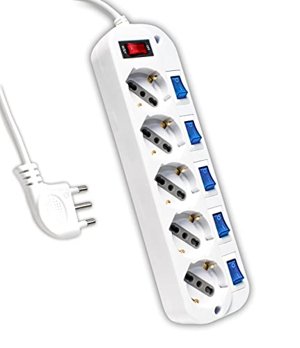 V-TAC Multpresa Elettrica con Interruttori Indipendenti - 5 Prese 10/16A Bipasso + Schuko - Spina 16A - Presa Elettrica per Casa, Ufficio, Negozio - Ciabatta - Colore Bianco