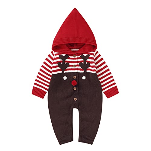 Sweatshirt Hoodie Youth Newborn Infant Boy Girl Christmas Deer Knitted Sweater Baby Hooded Striped (Red, 12-18 Months)
