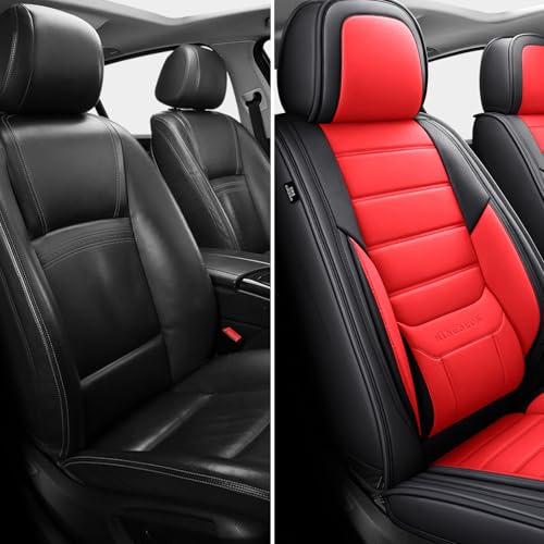 Image of MINGBRON Car Seat Covers Full Set,Black White Car Seat Cover, Car Seat Protector Waterproof, Nappa Leather Car Seat Cushion Fit for Most Cars Red